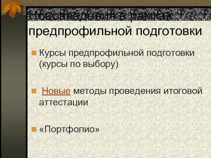 Нововведения в рамках предпрофильной подготовки n Курсы предпрофильной подготовки (курсы по выбору) n Новые