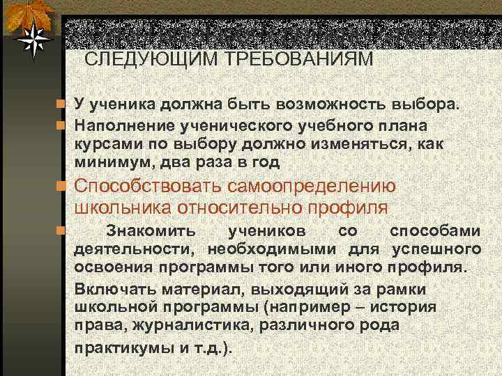 КУРСЫ ПО ВЫБОРУ ДОЛЖНЫ ОТВЕЧАТЬ СЛЕДУЮЩИМ ТРЕБОВАНИЯМ n У ученика должна быть возможность выбора.