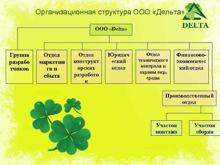 Организационная структура ООО «Дельта» ООО «Delta» Группа разрабо тчиков Отдел маркетин га и сбыта