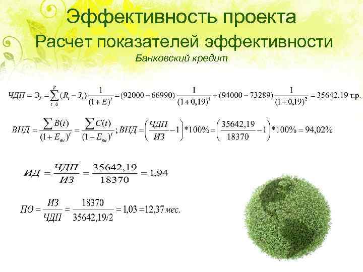 Эффективность проекта Расчет показателей эффективности Банковский кредит 