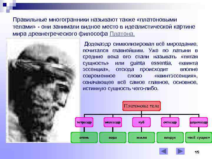Правильные многогранники называют также «платоновыми телами» - они занимали видное место в идеалистической картине