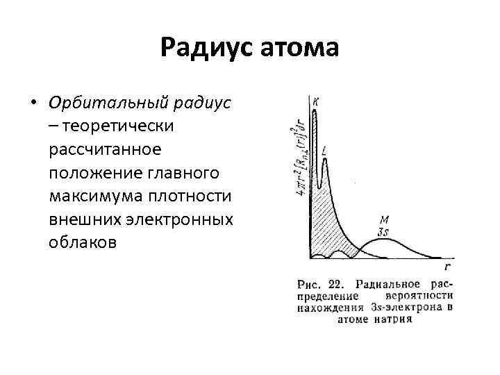 Радиус атома • Орбитальный радиус – теоретически рассчитанное положение главного максимума плотности внешних электронных