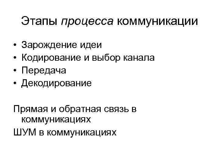 Этапы процесса коммуникации • • Зарождение идеи Кодирование и выбор канала Передача Декодирование Прямая