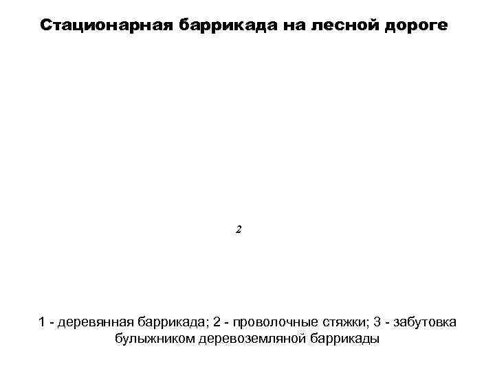 Стационарная баррикада на лесной дороге 2 1 - деревянная баррикада; 2 - проволочные стяжки;