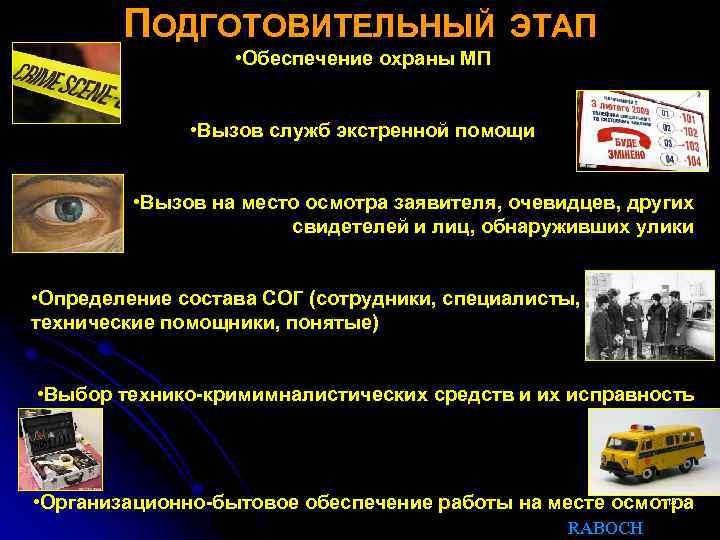 ПОДГОТОВИТЕЛЬНЫЙ ЭТАП • Обеспечение охраны МП • Вызов служб экстренной помощи • Вызов на