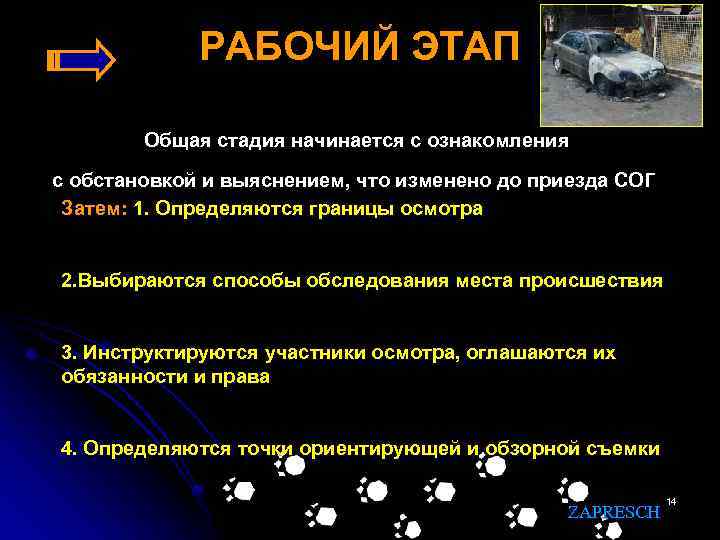 РАБОЧИЙ ЭТАП Общая стадия начинается с ознакомления с обстановкой и выяснением, что изменено до