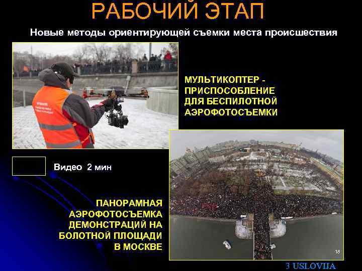 РАБОЧИЙ ЭТАП Новые методы ориентирующей съемки места происшествия МУЛЬТИКОПТЕР ПРИСПОСОБЛЕНИЕ ДЛЯ БЕСПИЛОТНОЙ АЭРОФОТОСЪЕМКИ Видео