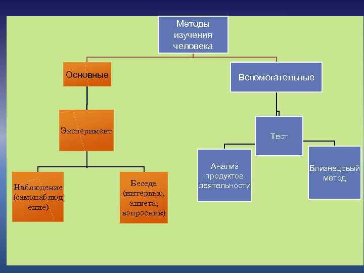  Методы изучения человека Основные Вспомогательные Эксперимент Тест Анализ Близнецовый продуктов метод Беседа деятельности