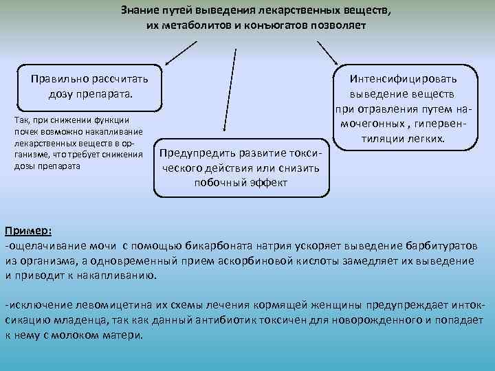 Знание путей выведения лекарственных веществ, их метаболитов и конъюгатов позволяет Правильно рассчитать дозу препарата.