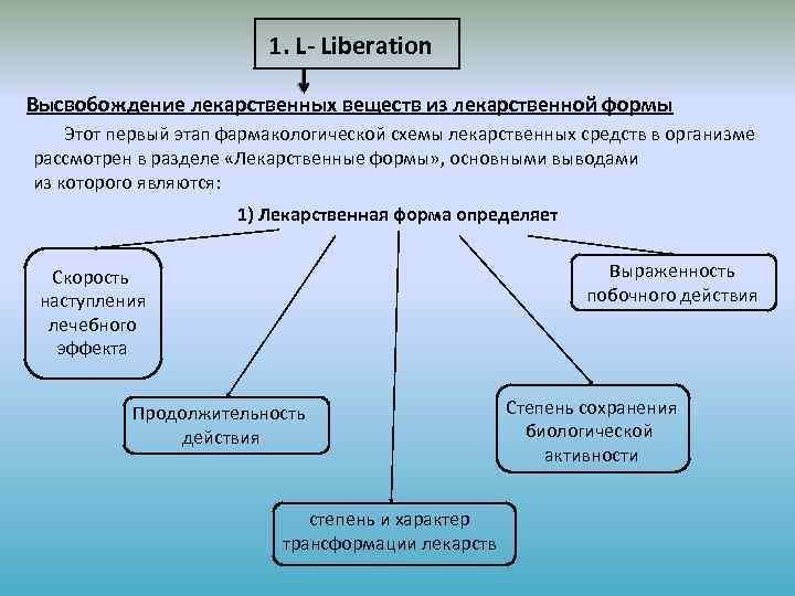1. L- Liberation Высвобождение лекарственных веществ из лекарственной формы Этот первый этап фармакологической схемы