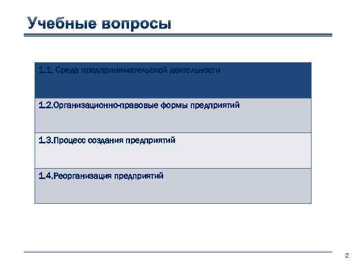 1. 1. Среда предпринимательской деятельности 1. 2. Организационно-правовые формы предприятий 1. 3. Процесс создания