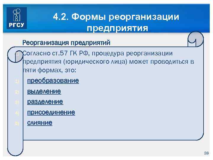 4. 2. Формы реорганизации предприятия 1) 2) 3) 4) 5) Реорганизация предприятий Согласно ст.