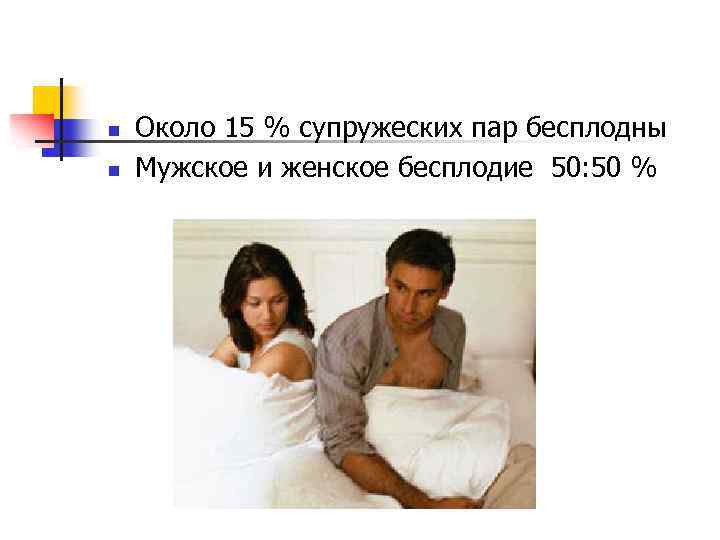 n n Около 15 % супружеских пар бесплодны Мужское и женское бесплодие 50: 50