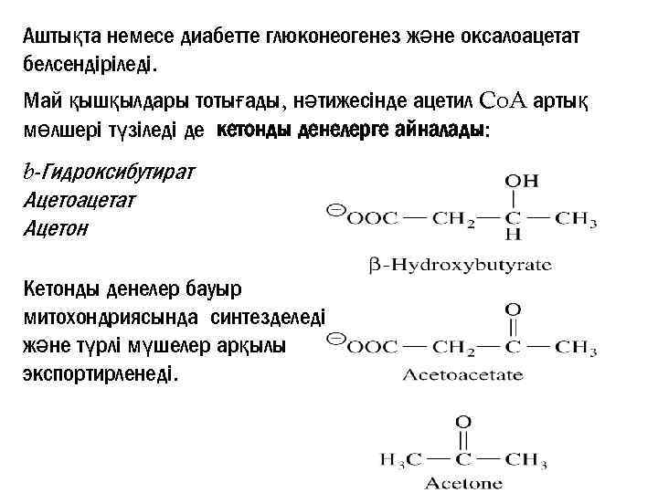 Аштықта немесе диабетте глюконеогенез және оксалоацетат белсендіріледі. Май қышқылдары тотығады, нәтижесінде ацетил Co. A