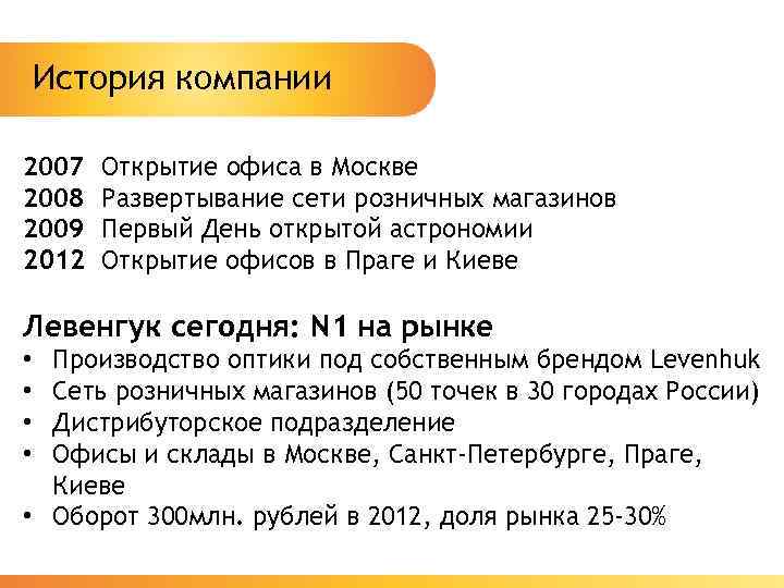 История компании 2007 2008 2009 2012 Открытие офиса в Москве Развертывание сети розничных магазинов