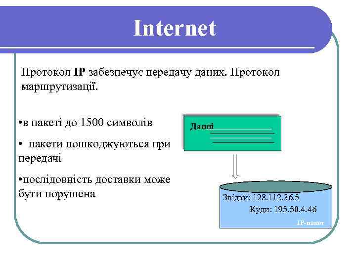 Internet Протокол IP забезпечує передачу даних. Протокол маршрутизації. • в пакеті до 1500 символів