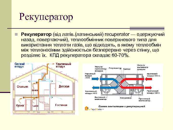 Рекуператор n Рекуператор (від латів. (латинський) recuperator — одержуючий назад, повертаючий), теплообмінник поверхневого типа