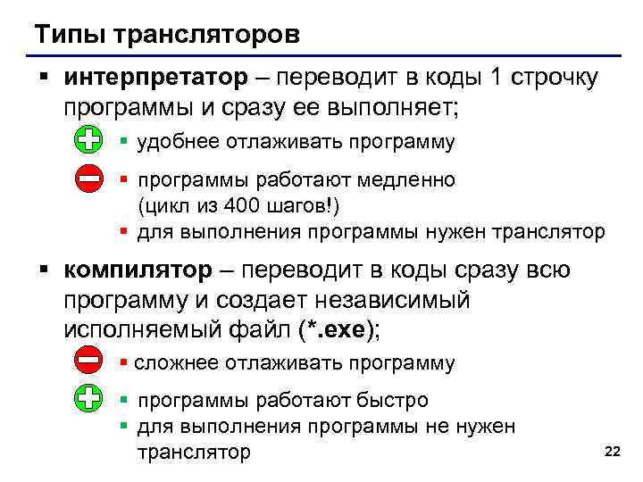 Типы трансляторов § интерпретатор – переводит в коды 1 строчку программы и сразу ее