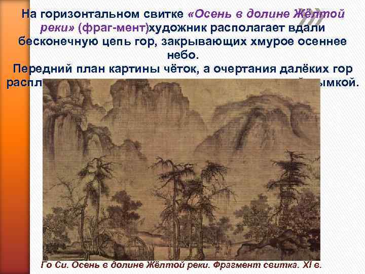 На горизонтальном свитке «Осень в долине Жёлтой реки» (фраг мент)художник располагает вдали бесконечную цепь