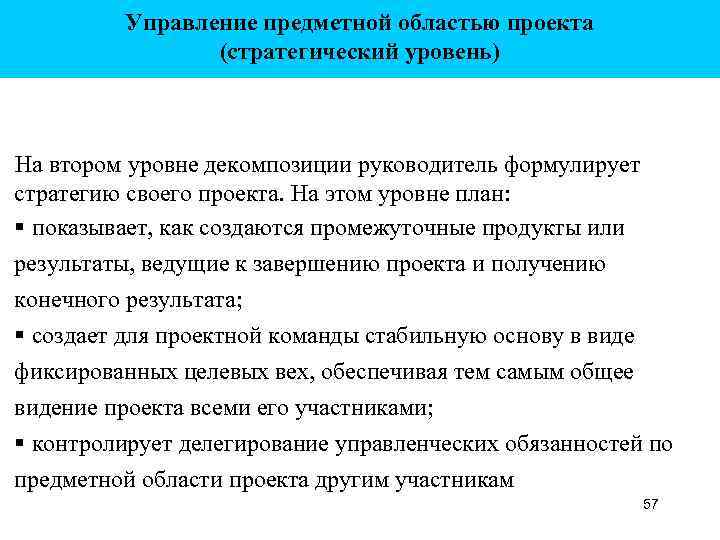 Управление предметной областью проекта (стратегический уровень) На втором уровне декомпозиции руководитель формулирует стратегию своего