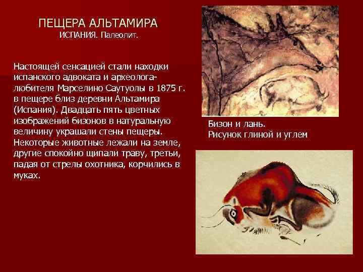 ПЕЩЕРА АЛЬТАМИРА ИСПАНИЯ. Палеолит. Настоящей сенсацией стали находки испанского адвоката и археологалюбителя Марселино Саутуолы