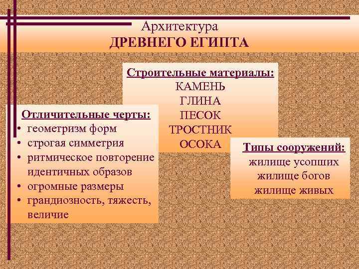 Архитектура ДРЕВНЕГО ЕГИПТА Строительные материалы: КАМЕНЬ ГЛИНА Отличительные черты: ПЕСОК • геометризм форм ТРОСТНИК
