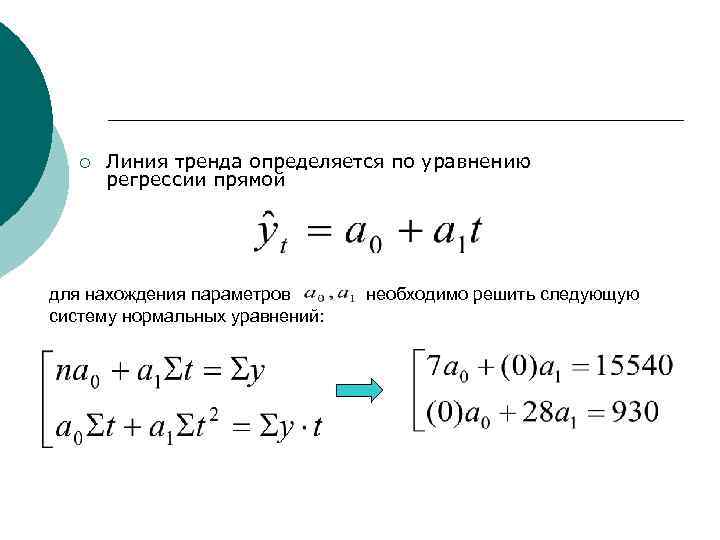 ¡ Линия тренда определяется по уравнению регрессии прямой для нахождения параметров систему нормальных уравнений: