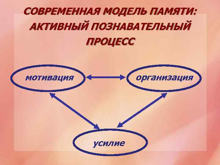 СОВРЕМЕННАЯ МОДЕЛЬ ПАМЯТИ: АКТИВНЫЙ ПОЗНАВАТЕЛЬНЫЙ ПРОЦЕСС мотивация организация усилие 