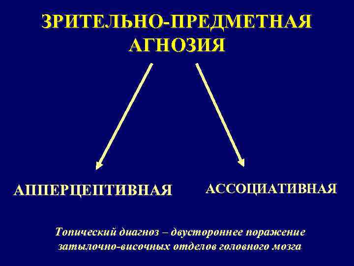 ЗРИТЕЛЬНО-ПРЕДМЕТНАЯ АГНОЗИЯ АППЕРЦЕПТИВНАЯ АССОЦИАТИВНАЯ Топический диагноз – двустороннее поражение затылочно-височных отделов головного мозга 