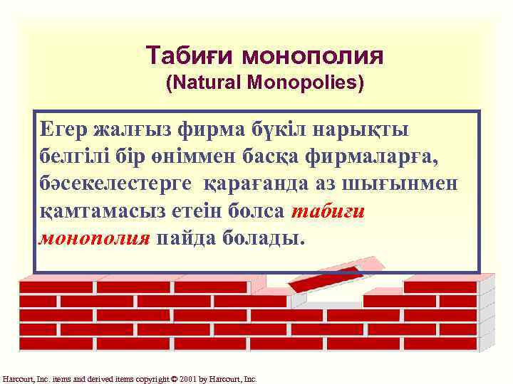 Табиғи монополия (Natural Monopolies) Егер жалғыз фирма бүкіл нарықты белгілі бір өніммен басқа фирмаларға,