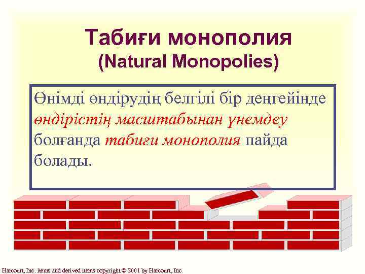 Табиғи монополия (Natural Monopolies) Өнімді өндірудің белгілі бір деңгейінде өндірістің масштабынан үнемдеу болғанда табиғи