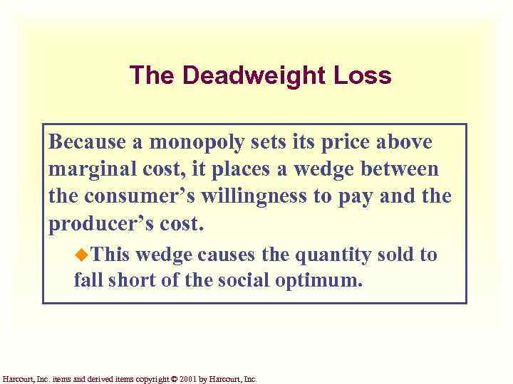 The Deadweight Loss Because a monopoly sets its price above marginal cost, it places