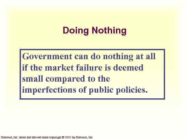 Doing Nothing Government can do nothing at all if the market failure is deemed