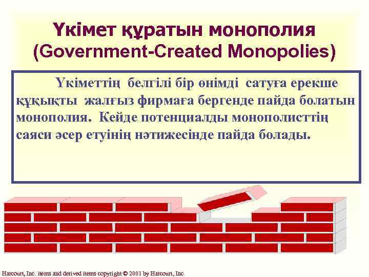 Үкімет құратын монополия (Government-Created Monopolies) Үкіметтің белгілі бір өнімді сатуға ерекше құқықты жалғыз фирмаға