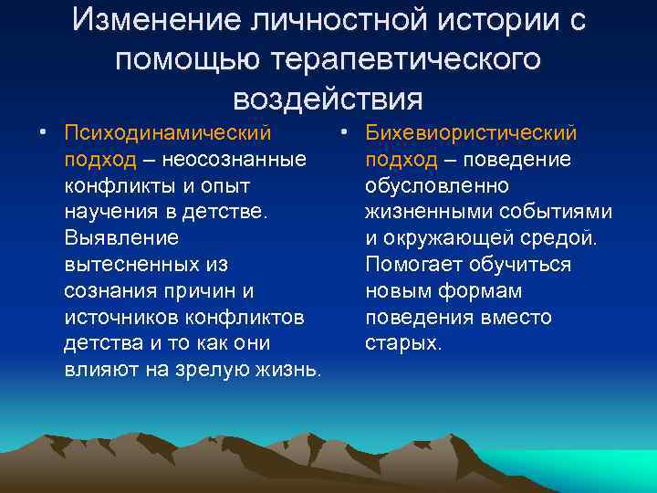 Изменение личностной истории с помощью терапевтического воздействия • Психодинамический • Бихевиористический подход – неосознанные