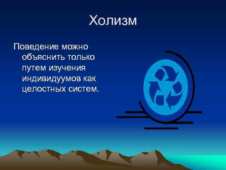 Холизм Поведение можно объяснить только путем изучения индивидуумов как целостных систем. 