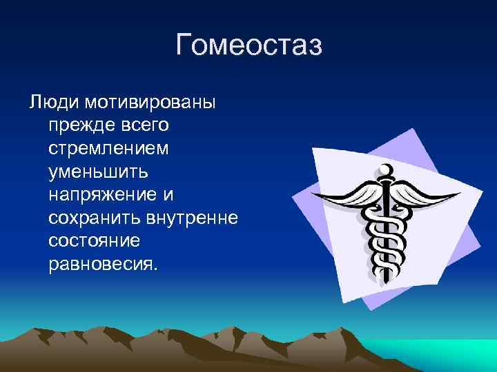 Гомеостаз Люди мотивированы прежде всего стремлением уменьшить напряжение и сохранить внутренне состояние равновесия. 