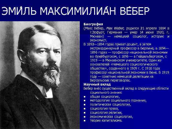 ЭМИ ЛЬ МАКСИМИЛИА Н ВЕ БЕР Биография (Макс Ве бер, Max Weber; родился 21