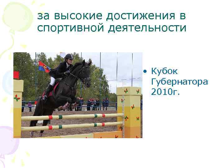 за высокие достижения в спортивной деятельности • Кубок Губернатора 2010 г. 