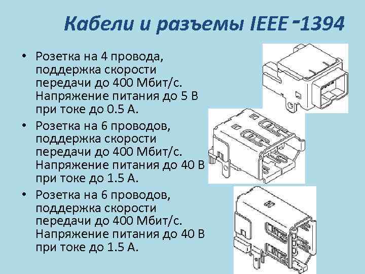 Кабели и разъемы IEEE‑ 1394 • Розетка на 4 провода, поддержка скорости передачи до