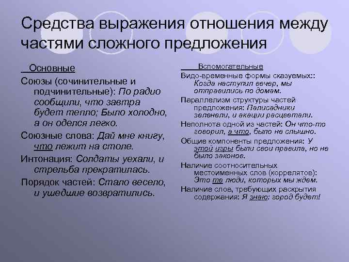 Средства выражения отношения между частями сложного предложения Основные Союзы (сочинительные и подчинительные): По радио