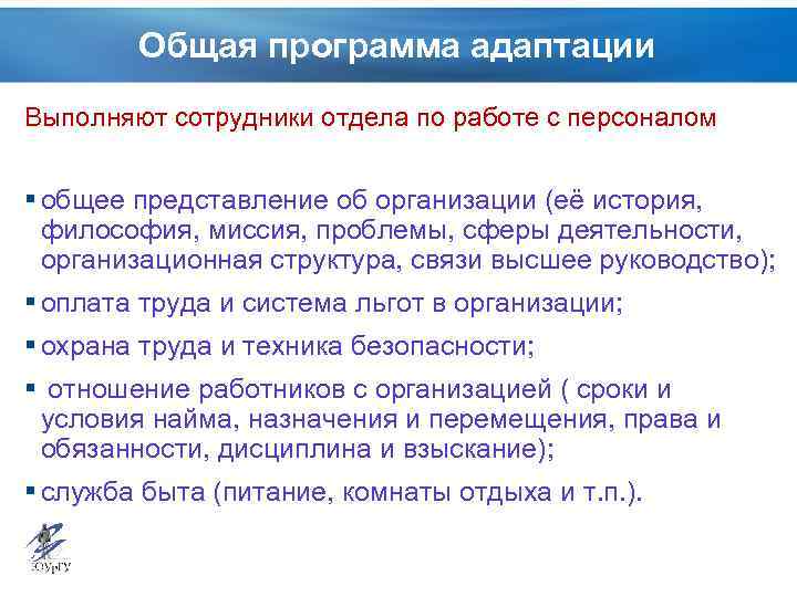 Общая программа адаптации Выполняют сотрудники отдела по работе с персоналом § общее представление об