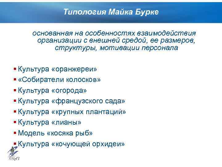 Типология Майка Бурке основанная на особенностях взаимодействия организации с внешней средой, ее размеров, структуры,
