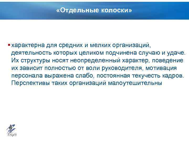  «Отдельные колоски» § характерна для средних и мелких организаций, деятельность которых целиком подчинена
