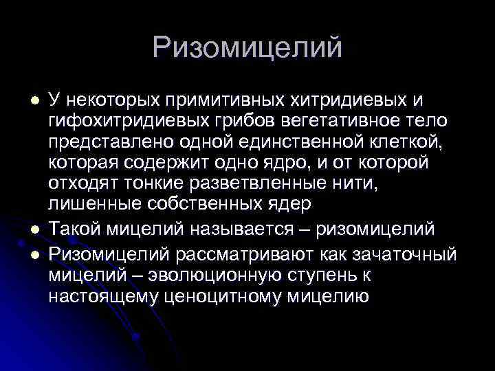 Ризомицелий l l l У некоторых примитивных хитридиевых и гифохитридиевых грибов вегетативное тело представлено