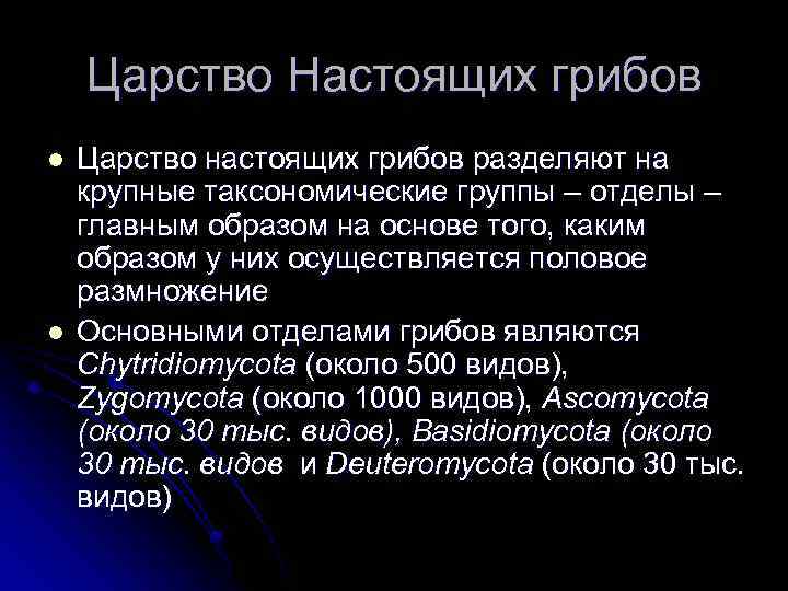 Царство Настоящих грибов l l Царство настоящих грибов разделяют на крупные таксономические группы –