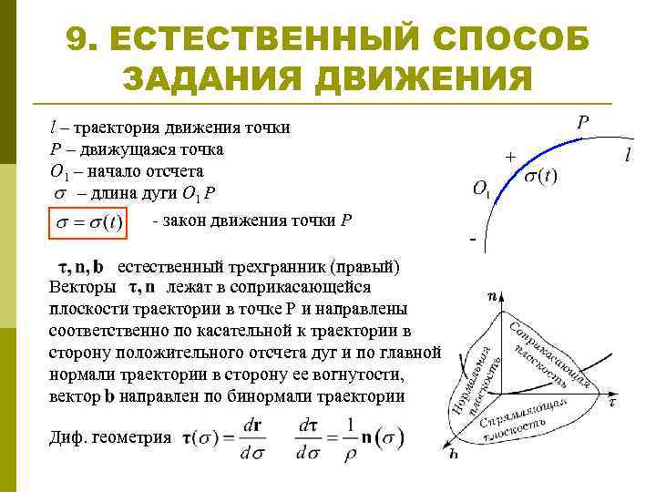 9. ЕСТЕСТВЕННЫЙ СПОСОБ ЗАДАНИЯ ДВИЖЕНИЯ l – траектория движения точки Р – движущаяся точка