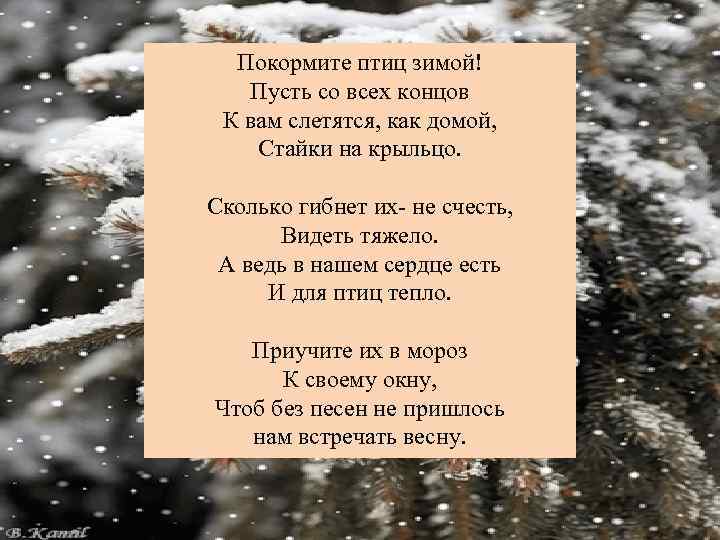 Покормите птиц зимой! Пусть со всех концов К вам слетятся, как домой, Стайки на