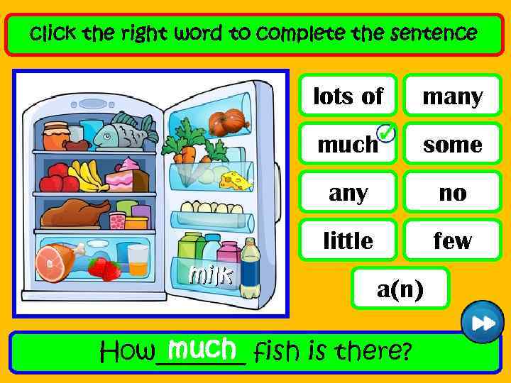 click the right word to complete the sentence lots of much some any no