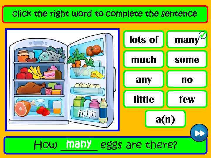 click the right word to complete the sentence lots of much some any no
